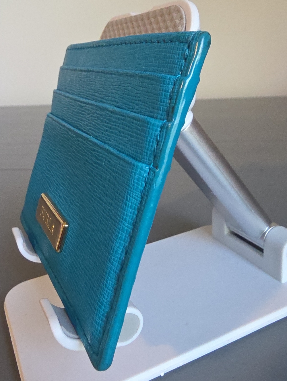 FURLA Teal Card Holder with Gold Plaque - Picture 3 of 7
